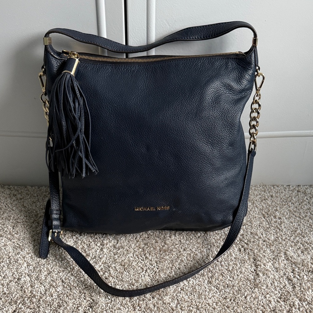 Michael Kors Dark Blue Shoulder Bag with Gold Accents